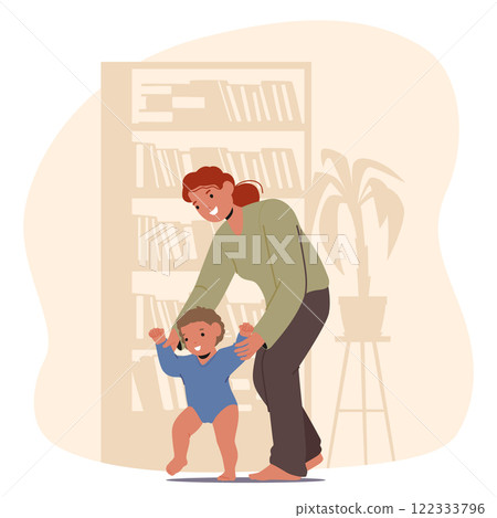 Happy mom enjoying parenting training adorable infant kid to make first steps at home scene Happy mom enjoying parenting training adorable infant kid to make first steps at home scene 122333796