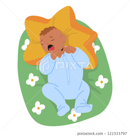 Cute newborn baby boy kid crying loudly weeping bursting into tears while lying in bed cradle pillow 122333797