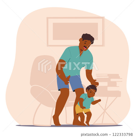 Happy father helping loving toddler son kid to walk safety at home cartoon vector illustration 122333798