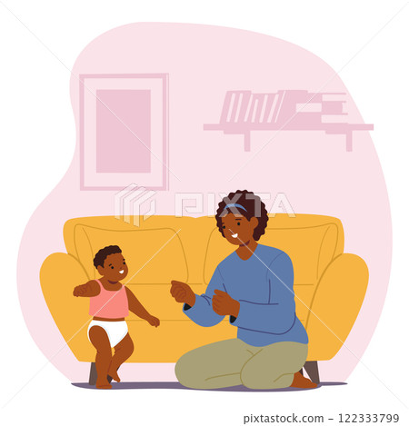 Happy mother enjoying parenting looking on first steps of her toddler son vector illustration 122333799