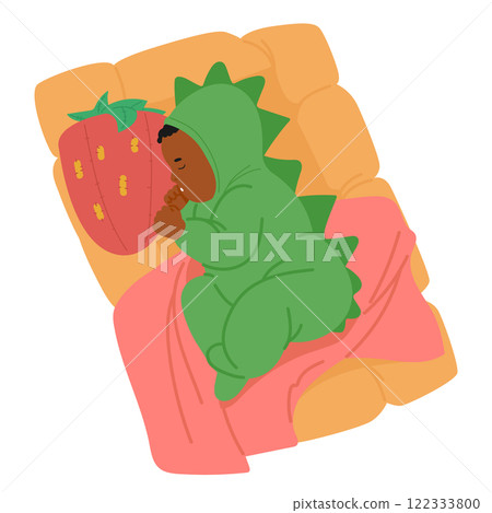 Sweet newborn baby wearing cute crocodile pajamas sleeping sucking thumb lying in bed cradle Sweet newborn baby wearing cute crocodile pajamas sleeping sucking thumb lying in bed cradle 122333800
