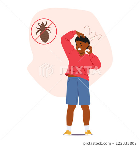 Unhappy schoolboy child scratching hair scalp having pediculosis problem lice parasitic infestation Unhappy schoolboy child scratching hair scalp having pediculosis problem lice parasitic infestation 122333802