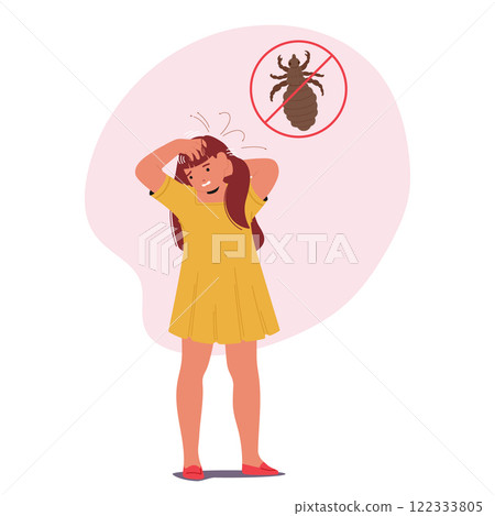 Little pretty girl child cartoon character scratching head suffering from pediculosis contamination 122333805