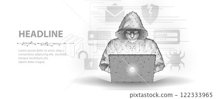 Hacker. Cyber criminal with laptop and related icons behind it. Cyber crime, hacker activity, ddos attack, digital system security, fraud money Hacker. Cyber criminal with laptop and related icons behind it. Cyber crime, hacker activity, ddos attack, digital system security, fraud money 122333965