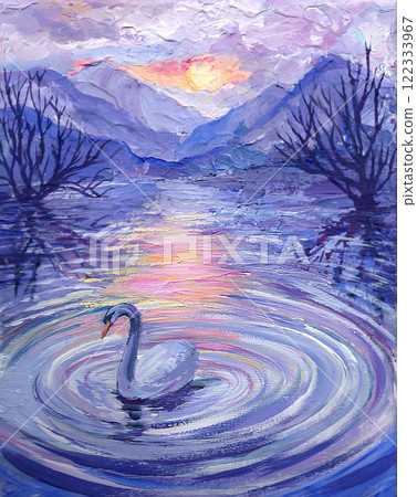 Picturesque painting swan swimming on the lake in purple shades Picturesque painting swan swimming on the lake in purple shades 122333967