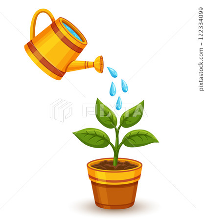 Garden watering can, green flower plant seedling growing in pot. Houseplant care. Botany herb hand water sprinkle with agriculture tool. Sprout growth in soil. Vegetable sapling cultivation vector 122334099