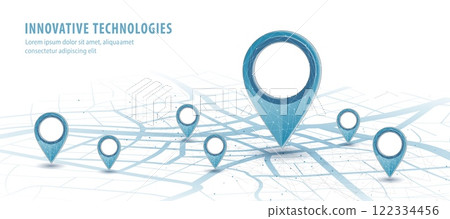 One abstract pin icon on the city map. 122334456