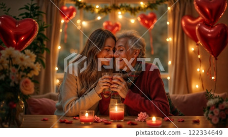 European adult couple in love having dinner, hugging. The room is festively decorated with lights, flowers and heart-shaped balloons. Subdued atmosphere of warmth and coziness. European adult couple in love having dinner, hugging. The room is festively decorated with lights, flowers and heart-shaped balloons. Subdued atmosphere of warmth and coziness. 122334649