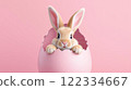 Cute Easter bunny in a pink egg shell on a light background. Spring theme for holiday posters, cards 122334667