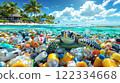 Sea turtle among plastic garbage on a tropical beach background, illustration for eco-projects, nature protection campaigns and materials about ecology and ocean pollution 122334668