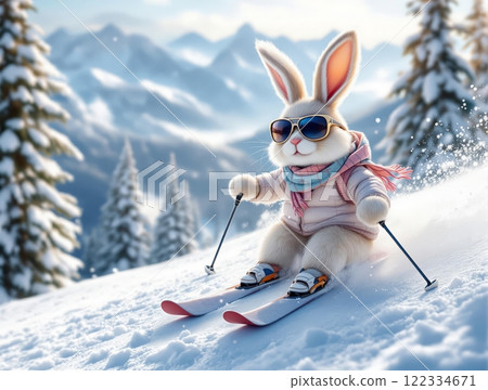 Spring is coming, White Rabbit on skis waiting for warmth and bright days 122334671