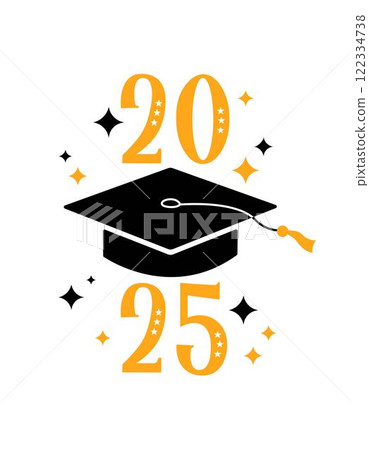 2025 Graduation print, greeting card, poster. Vector flat illustration. Black color academic cap and golden 2025 numbers on white background. Mortarboard graduate symbol 122334738