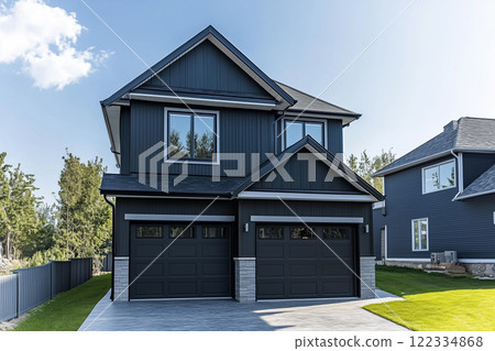 一棟現代豪華的新建住宅，採用黑色主題，帶有花園的設計住宅的外觀圖 14 AI 生成的圖像。 122334868