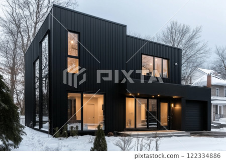 一棟現代豪華的新建住宅，採用黑色主題，帶有花園的設計住宅的外觀圖 1 AI 生成的圖像。 122334886