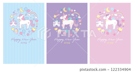 3種可愛的獨角獸童話新年卡 3種可愛的獨角獸童話新年卡 122334904