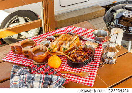 Hot dogs Homemade hot dogs at outdoor camping 122334956