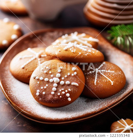 Delicious looking ginger man biscuits with sugar icing 122335348