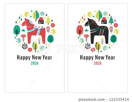 Dala horse and Nordic plants colorful new year card template in English Dala horse and Nordic plants colorful new year card template in English 122335414