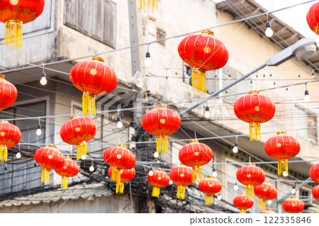 Lunar or Chinese new year lanterns decorated over street, Thailand. 122335846