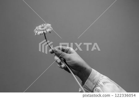 黑白，拿著一朵非洲菊花的女人 122336054