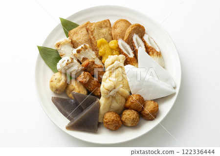Oden ingredients assortment on white background Oden ingredients assortment on white background 122336444