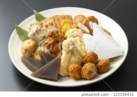 Oden ingredients assortment black background Oden ingredients assortment black background 122336452