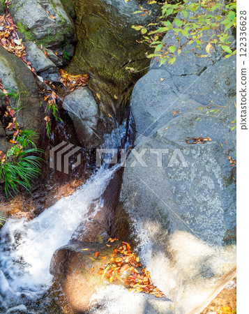 Autumn waterside scenery: Autumn leaves and a small waterfall 122336628