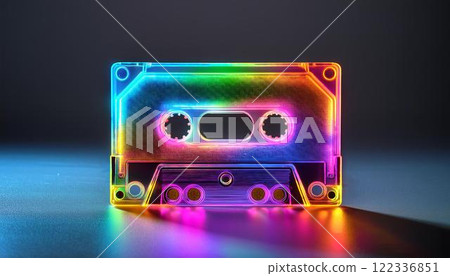 未來主義和流行設計照片，彩虹霓虹燈發光的盒式磁帶放在灰色桌子上 122336851