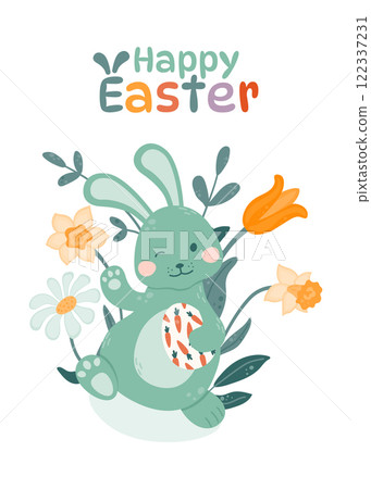 Happy Easter greeting card. Easter bunny waves his hand and holds an Easter egg in his paws on a background of flowers. Vector illustration in a flat style. 122337231