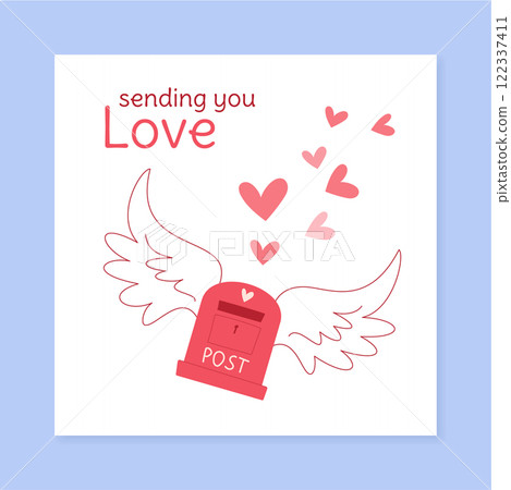 Romantic valentine heart greeting postcard in flat cartoon design. Send love message with this valentine themed card. Ideal for social media post and romantic correspondence. 122337411