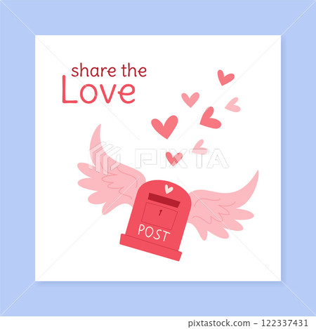 Valentine heart mailbox cartoon design features love and heart symbols in flat style. Social media postcard for holiday message and valentine concepts. Perfect for card sharing celebration greetings. 122337431