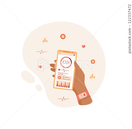 Hand holds a phone displaying a fitness app. A user interacts with digital application focused on health data. Mobile device showcases tracking metrics, digital interface, and potential usage in 122337472