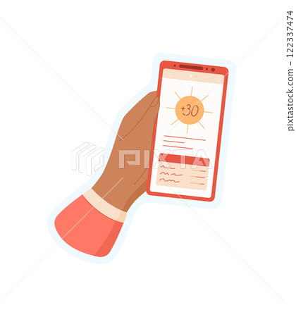 Hand holding smartphone with app screen sticker. User holds mobile device displaying application. Digital media, social context, ideal for online commerce or communication. Visual in a cartoon graphic Hand holding smartphone with app screen sticker. User holds mobile device displaying application. Digital media, social context, ideal for online commerce or communication. Visual in a cartoon graphic 122337474