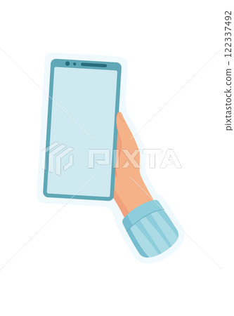 Sticker of hand holding phone. Graphic of user holding smartphone. Digital application with blank screen, cool template for social media, online communication, and mobile applications. 122337492