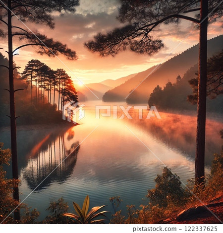 Illustration of a sunset reflected on a lake 122337625