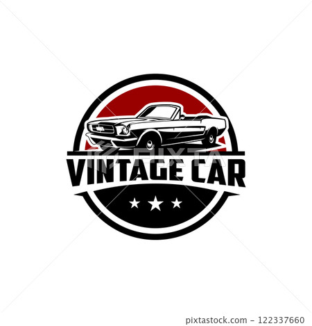 silhouette vector illustration of a 1965 ford mustang car. isolated with a beautiful red sunset sky. best for logo, badge, emblem, icon, sticker design. available in eps 10 122337660