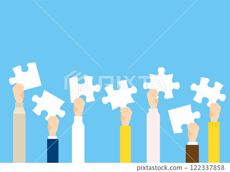 Illustration of collaboration. People holding puzzles. No text. 122337858