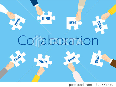 Illustration of collaboration. People holding puzzles with text 122337859