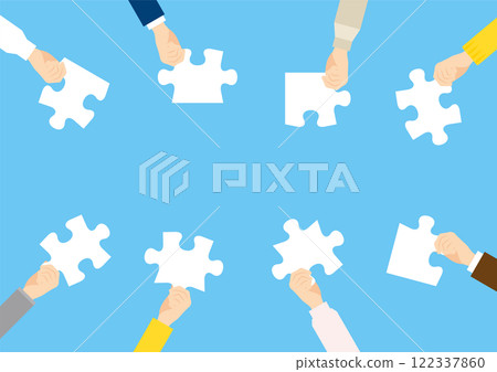 Illustration of collaboration. People holding puzzles. No text. Illustration of collaboration. People holding puzzles. No text. 122337860