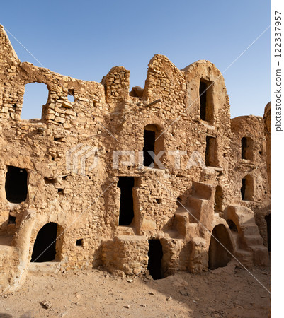 Uninhabited fortified village with houses and granaries, Tunisia. Ksar of Mgabla, Berber, Tataouine. 122337957