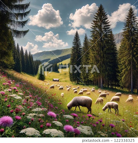 Illustration of sheep grazing on a meadow 122338325