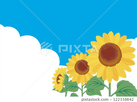 Sunflower, blue sky, landscape, sunflower, sunflower, hand-drawn, frame, template, background, simple, illustration material 122338642