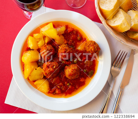 Albondigas, hot stew tomato soup with meatballs 122338694