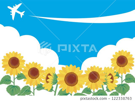 夏季向日葵飛機藍天向日葵手繪框架模板背景插畫素材 122338763