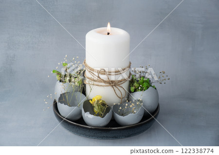 Easter holiday decoration from sustainable materials egg shell decor with candle. Copy space Diy do it yourself Gift present idea. Zero waste Crafting preparation 122338774