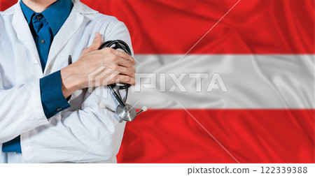 Doctor with stethoscope on Japan flag. Doctor holding stethoscope on Japan flag 122339388