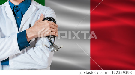 Doctor with stethoscope on Italy flag. Doctor holding stethoscope on Italy flag Doctor with stethoscope on Italy flag. Doctor holding stethoscope on Italy flag 122339398