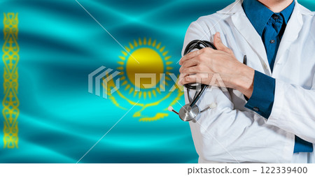 Doctor with stethoscope on Kazakhstan flag. Doctor holding stethoscope on Kazakhstan flag 122339400