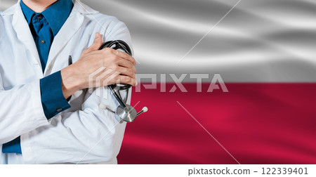 Doctor with stethoscope on Poland flag. Doctor holding stethoscope on Poland flag 122339401