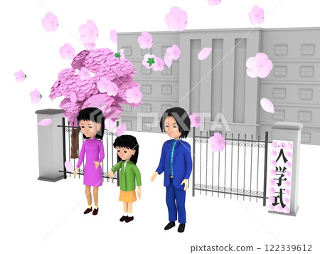 A parent and child standing in front of the gate of an elementary school with cherry blossoms in bloom, attending the entrance ceremony A parent and child standing in front of the gate of an elementary school with cherry blossoms in bloom, attending the entrance ceremony 122339612
